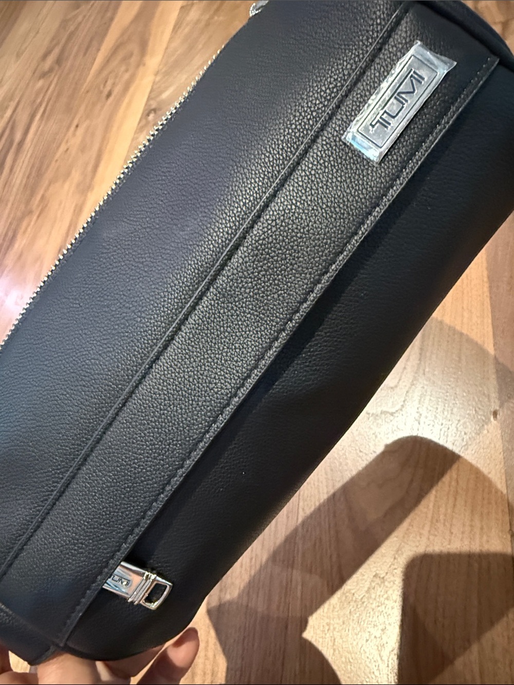 Tumi Black Leather Men's Toiletry Kit with Silver Hardware